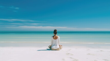 Woman meditation on beach. Illustration AI Generative.