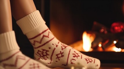 Legs in wool socks near fireplace. Illustration AI Generative.