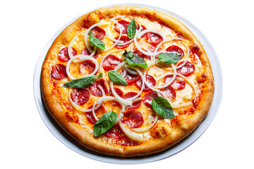 Pizza, pepperoni, onion, basil