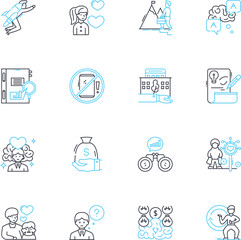 Fototapeta premium Sales growth linear icons set. Expansion, Revenue, Increase, Boost, Upsurge, Uptick, Rise line vector and concept signs. Gain,Development,Progress outline illustrations Generative AI