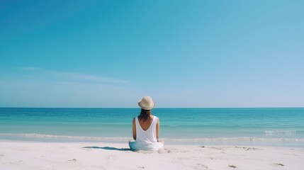 Woman meditation on beach. Illustration AI Generative.