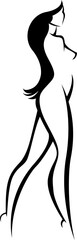 Stylized vector image of a naked beautiful slim young woman with long hair. Full length vector black silhouette of a girl on a white background in pen drawing style.