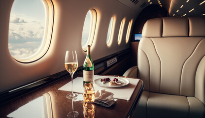 Interior of luxurious private jet with leather seats Illustration AI Generative.