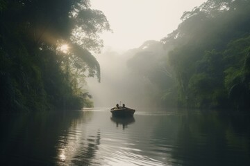 A misty river flows through a lush rainforest as a boat sails by in the morning. Generative AI