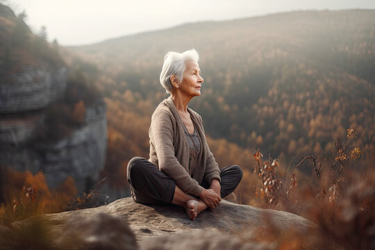 Senior Woman Doing Yoga Lotus Exercises Outdoor. AI generative. Autumn Mountain Landscape on Background.
