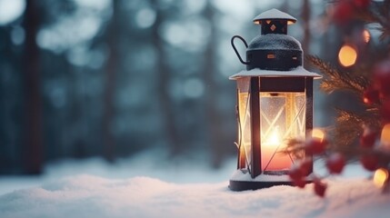 Winter background with Lantern. Illustration AI Generative.