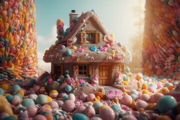 Candyland dream house with sugary sweets. Vertical artwork. Generative AI