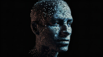 Abstract digital human face, face made of small cubes