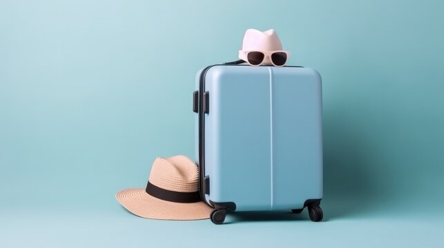 Blue background with suitcase. Illustration AI Generative.