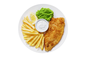 plate of fish and chips with french fries isolated on transparent background, top view