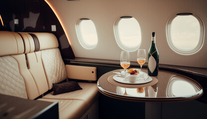 Interior of luxurious private jet with leather seats Illustration AI Generative.