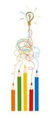 Messy scribble lines going to final direction from color pencils. Freehand paths, way from start to idea, problem solution. Team work concept. Vector illustration