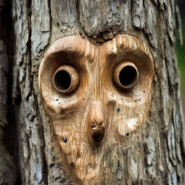 A tree trunk reveals a magical, human face, producing a natural optical illusion. This unusual pattern offers a unique creative opportunity. Generative AI
