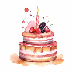 Watercolor Birthday Cake. Illustration AI Generative.