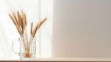 Mug and transparent vase with dry spikelets. Illustration AI Generative