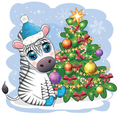 Merry Christmas and Happy New Year greeting card with cute zebra in santa hat with christmas ball, candy kane, gift
