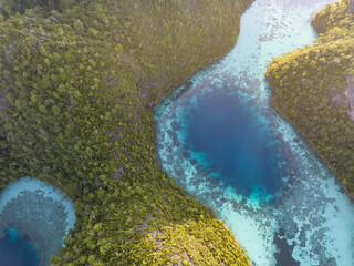 A shallow blue hole is found within the dramatic limestone islands that rise from Raja Ampat's seascape. This remote part of Indonesia is known for its incredible marine biodiversity.