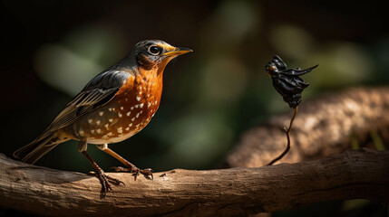 Beautiful background image of a wild robin (Erithacus rubecula) with stunning colors and a monarch butterfly (Danaus plexippus) standing on a branch, generative ai