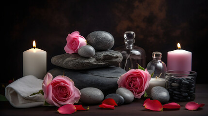 Beautiful spa composition for Valentine's Day with stones, candles, towels, herbal bags and rose flowers on dark background, generative ai