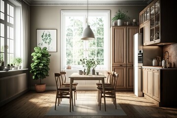 luxury apartment kitchen with dining area and a big window, created with Generative AI technology