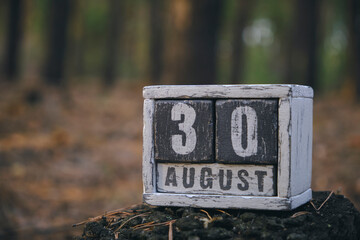 August 30 summer month, wooden calendar with date and month in forest.
