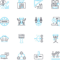 Meeting room linear icons set. Conference, Boardroom, Seminar, Executive, Training, Collaborative, Presentation line vector and concept signs. Discussion,Workshop,Brainstorming outline Generative AI - obrazy, fototapety, plakaty