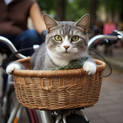 Fototapeta na wymiar A cute image of a cat sitting in a bicycle basket on the back of a bike with people walking by in the background. Generative Ai