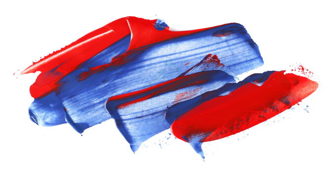 Grunge red blue brush strokes oil paint isolated on white background, clipping path