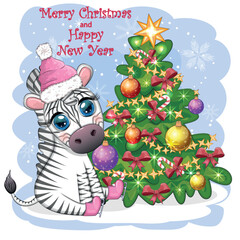Merry Christmas and Happy New Year greeting card with cute zebra in santa hat with christmas ball, candy kane, gift