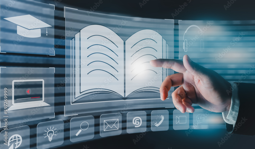 Aufkleber concept of online education. man use online education training and e-learning webinar on internet fo