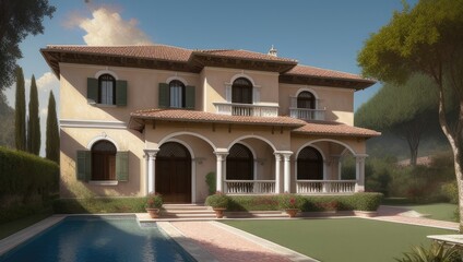 Vintage old italian villa with lawn and garden in sunny day. Soft light. Generative AI