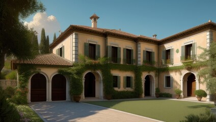 Fototapeta na wymiar Vintage old italian villa with lawn and garden in sunny day. Soft light. Generative AI
