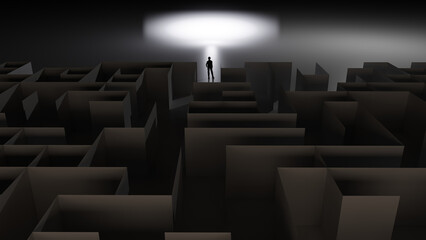 Obraz premium 3d render of man exiting a maze and facing a bright light. Raytraced image.