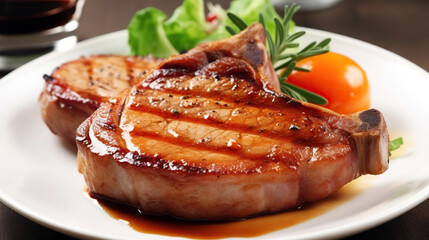 Juicy grilled pork chop fillet steak. Generative AI - 597270715
