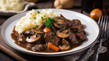 Beef Bourguignon with carrots,onions and mushrooms. Generative AI