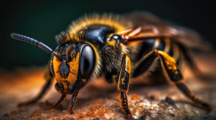 Black and Yellow Striped Bee Close-Up Seen with Vibrant Colors PNG File