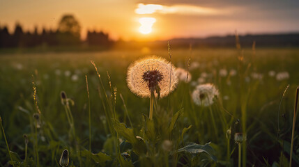 Obraz na płótnie Canvas Dandelion Field With Flying Seeds At Sunset, generative ai