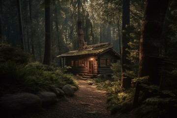 Cozy cabin hidden in a forest with a serpentine trail leading up to its door. Generative AI