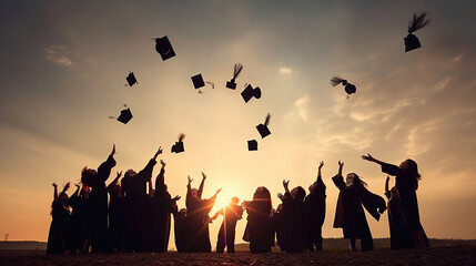 education, graduation and people concept - silhouettes of many happy students in gowns throwing mortarboards in air, generative ai