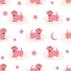 Cute sleeping puppy, clouds, stars, crown, butterflies Seamless pattern. Gentle colors. For newborns