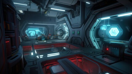 Create a sci-fi space station with sleek technology and high-tech weaponry