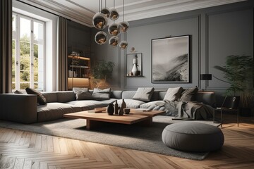 3D illustration depicting grey interior design concept with furniture. Generative AI