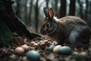 Cute rabbit holds Easter eggs in the woods. Generative AI