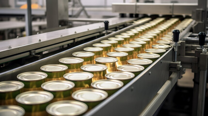 Canned food products on conveyor belt in distribution warehouse. . AI generation