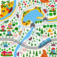 Detailed children's map of the city. Cars, buses and trains, houses and roads, river, forest and city seamless childish pattern