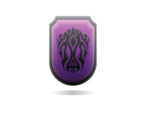 the design of a pin in the form of a purple shield and a black border consists of a combination of two shapes, namely a square and round shape on the lower side, there is also a black tattoo symbol in