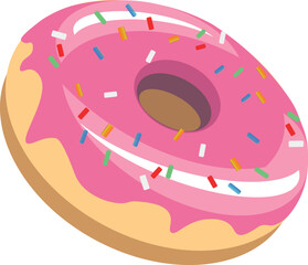 A simple pink glazed donut vector, dessert icon with sprinkles, shiny and delicious snack.