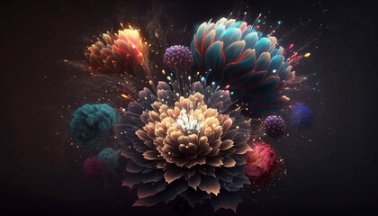 Beautiful flowers fantasy as firework on dark background.Generative AI.