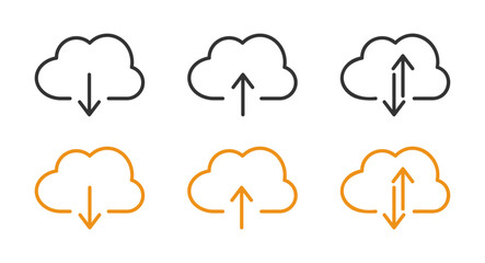Cloud with arrow line vector icons set. Cloud with arrows up and down icons