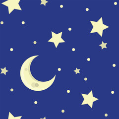 Obraz na płótnie Canvas A navy-blue seamless background with a moon and stars, starry night, suitable for kids, nursery, childrens' bedroom etc. 